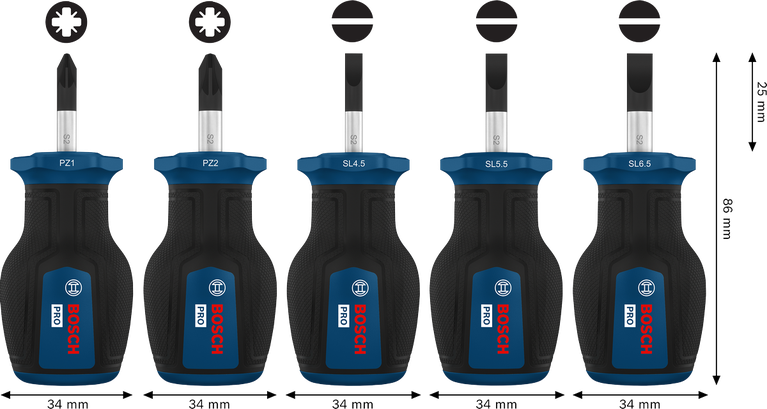 Set Obeng Pendek Bosch PRO PZ/SL dengan poros S2 dan gagang multi-komponen.